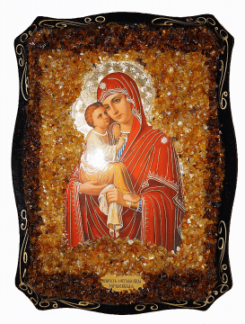 Русская православная икона «Почаевская» Божия Матерь украшенная натуральным янтарем 