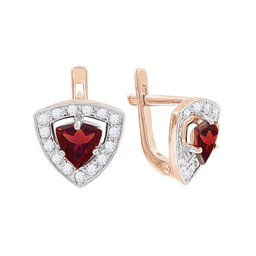 Earrings in red gold of 585 assay value with garnet, zirconia 