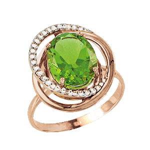 Lady´s ring in red gold of 585 assay value with zirconia, green amethyst 