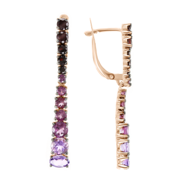 Earrings in red gold of 585 assay value with with garnet, rhodolite and amethyst 