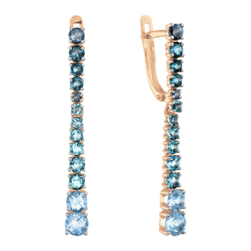 Earrings in red gold of 585 assay value with London blue topaz 