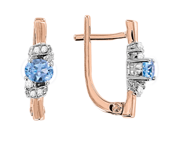 Earrings in red gold of 585 assay value with diamonds and blue topaz 