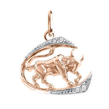 Pendant zodiac sign "Taurus" in red gold with zirconia 