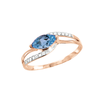 Lady´s ring in red gold of 585 assay value with diamonds and blue topaz 