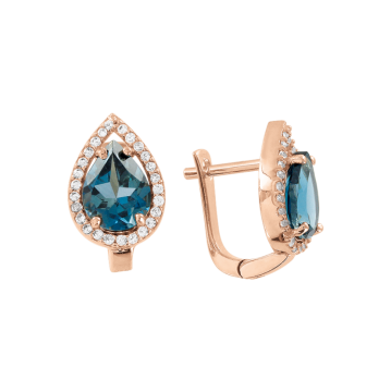 Earrings in red gold of 585 assay value with London blue topaz, zirconia 