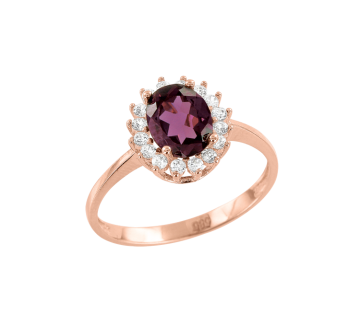 Lady´s ring in red gold of 585 assay value with zirconia, rhodolite 