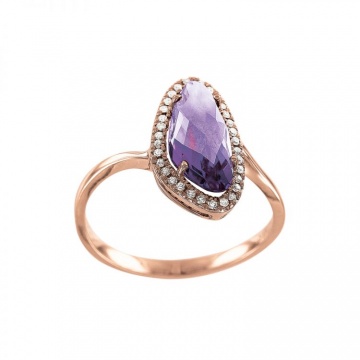 Lady´s ring in red and white gold of 585 assay value with diamonds and amethyst 