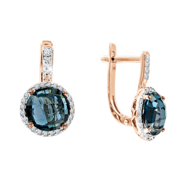 Earrings in red gold of 585 assay value with diamonds and London blue topaz 