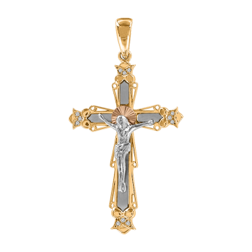 Крестик православный из красного с белым золота 585 пробы с фианитами 