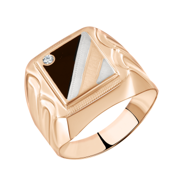Man's ring in red gold of 585 assay value with zirconia, enamel 