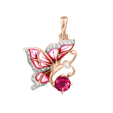 Pendant in red gold of 585 assay value with rhodolite, enamel 