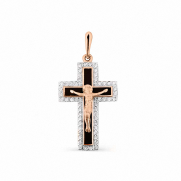 Cross from red gold of 585 assay value with cubic zirconia, black enamel 