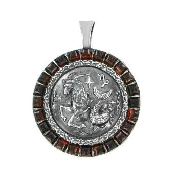 Silver zodiac sign "Capricorn" with amber 