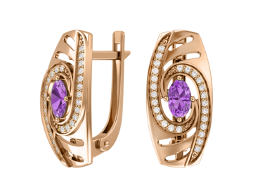 Earrings in red gold of 585 assay value (14ct) with amethyst, zirconia 
