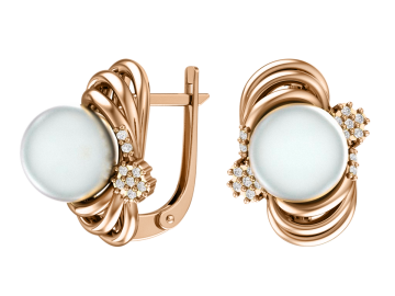 Ohrringe aus Rotgold 585° mit Zirkonia, echte Perlen 