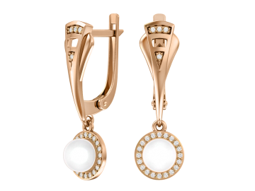 Earrings in red gold of 585 assay value with natural pearl and zirconia 