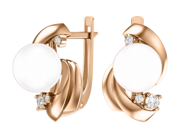 Earrings in red gold of 585 assay value with natural pearl and zirconia 