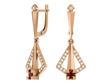 Earrings in red gold of 585 assay value with garnet, zirconia 