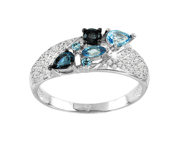 Lady´s ring in white gold of 585 assay value with diamonds and blue topaz, London topaz 