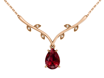 Gold necklace "Drop on a branch" with garnet and colorless cubic zirkonia 