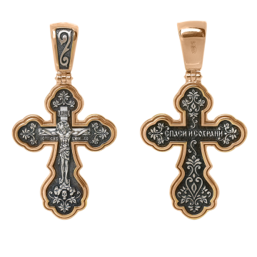 Orthodox cross pendant "Crucifixion of Christ" "Save and Preserve" silver 925°, gilded with red gold 999° 