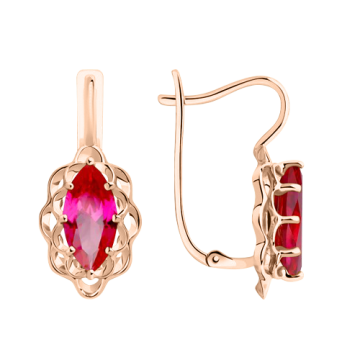 Earrings in red gold of 585 assay value with ruby HTS 