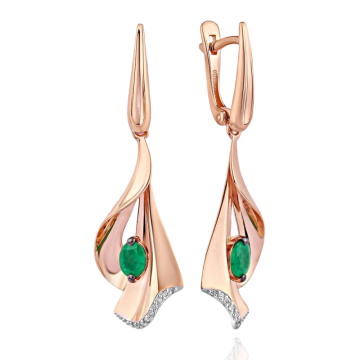 Earrings in red gold of 585 assay value with diamonds and emeralds 