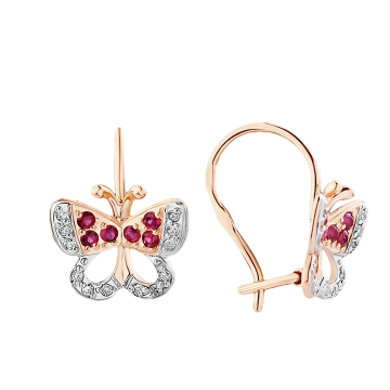 Earrings in red gold of 585 assay value with diamonds and ruby 