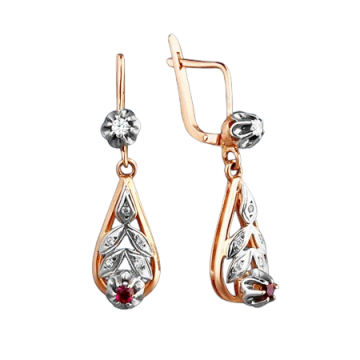 Earrings in red gold of 585 assay value with ruby, zirconia 