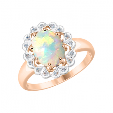 Lady´s ring in red gold of 585 assay value with diamonds, opal 