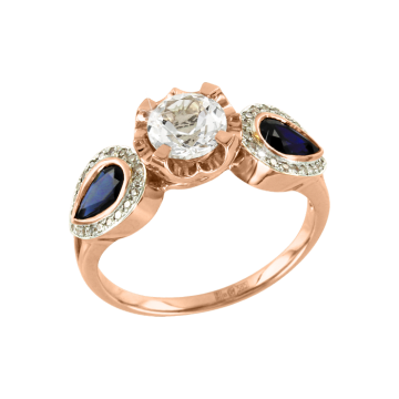 Lady´s ring in red gold of 585 assay value with diamonds, blue topaz, sapphire, Swarovski crystals 