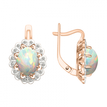 Earrings in red gold of 585 assay value with opal, diamonds 