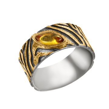 Gold-plated silver and rhodium ring with amber 