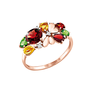 Кольцо женское из красного золота с  цитрин, гранат, хризолит, фианиты 