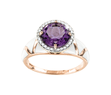 Lady´s ring in red gold of 585 assay value with zirconia, amethyst, white enamel 
