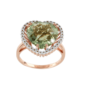 Lady´s ring in red gold of 585 assay value with zirconia, green amethyst 