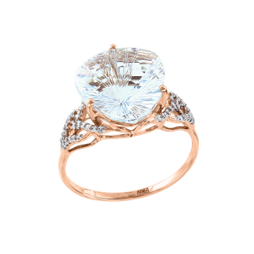 Lady´s ring in red gold of 585 assay value with cubic zirconia and Rock crystal 