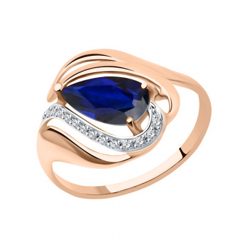 Lady´s ring in red gold of 585 assay value with sapphire HTS, zirconia 