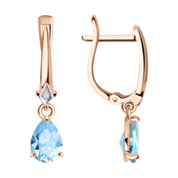 Earrings in red gold of 585 assay value with diamonds and blue topaz 