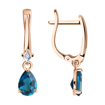 Earrings in red gold of 585 assay value with diamonds and London blue topaz 