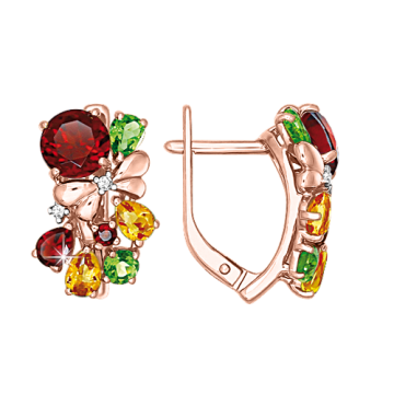Earrings in red gold of 585 assay value (14ct) with zirconia, garnet, citrine, chrysolith 