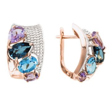 Earrings in red gold of 585 assay value (14ct) with amethyst, zirconia, blue zopaz, London topaz 