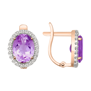 Earrings in red gold of 585 assay value (14ct) with amethyst, zirconia 