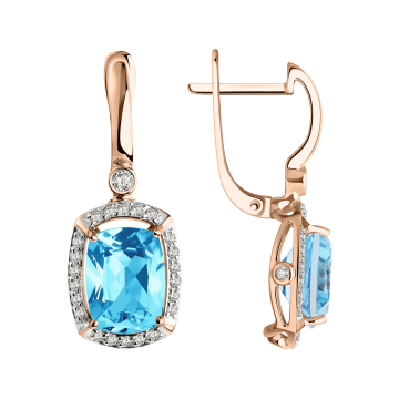 Earrings in red gold of 585 assay value with blue topaz, zirconia 
