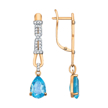 Earrings in yellow  gold of 585 assay value with blue topaz, zirconia 