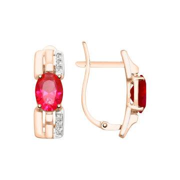 Earrings in red gold of 585 assay value with ruby HTS, zirconia 