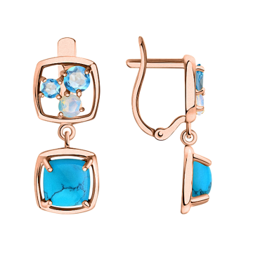 Earrings in red gold of 585 assay value with blue topaz, Türkis, Sital 