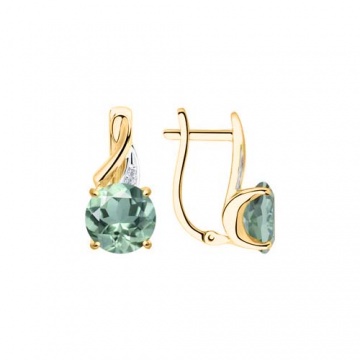 Earrings for in yellow gold of 585 assay value (14ct) with zirconia and green prasiolite 