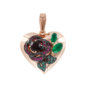 Pendant in red gold of 585 assay value with green agate, garnet, zirconia, 