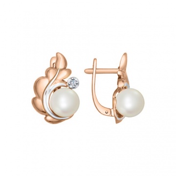 Earrings in red gold of 585 assay value with diamonds, real pearl 
